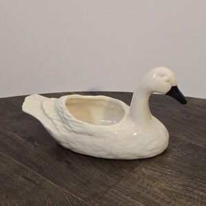 Vintage Ceramic Swan Planter Bowl Cream Black Beak Centerpiece Decor